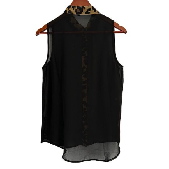 Edge Top Women M Black Leopard Gold Button Sheer Collar Office Party Maximalist - Picture 2 of 12